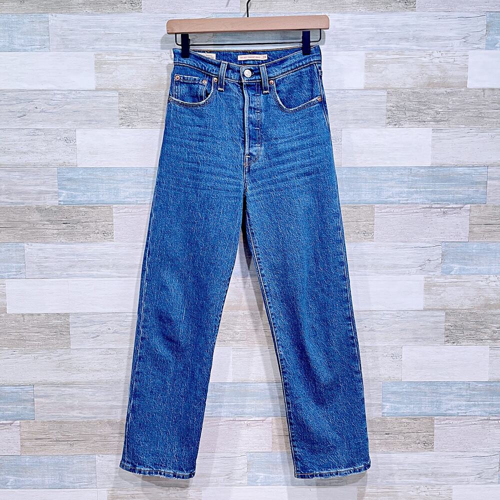 Levis Premium Ribcage Straight Ankle Jeans Blue Button Fly High Rise Womens 24